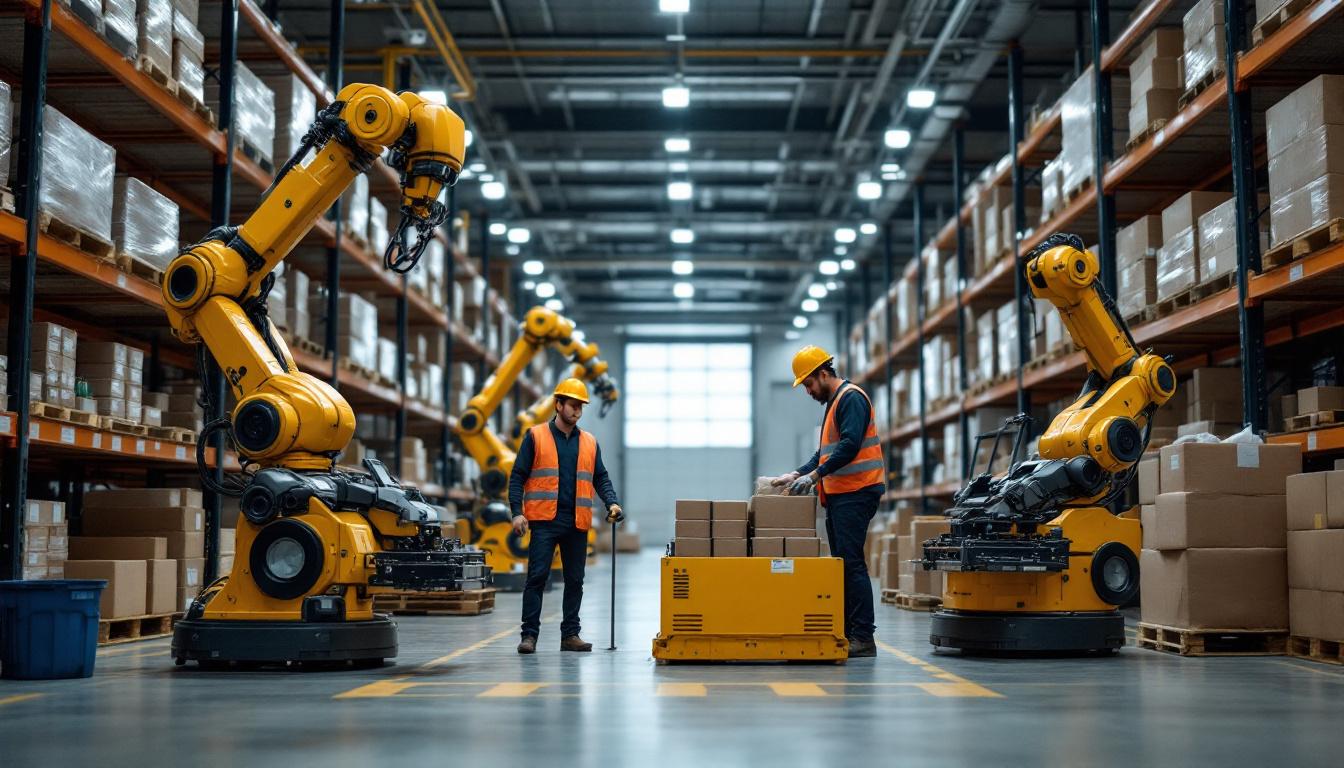 A photograph of a modern warehouse environment showcasing industrial robots efficiently handling inventory