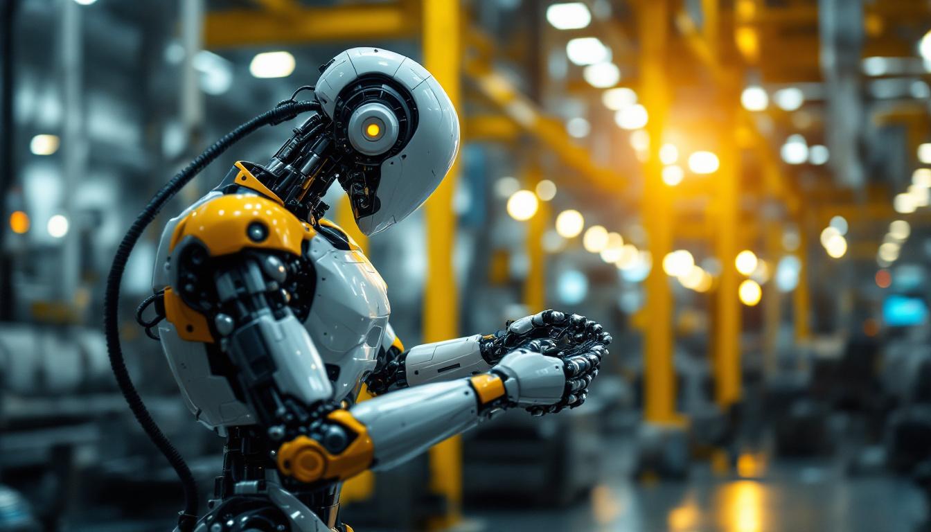 A photograph of a modern industrial robot in action within a manufacturing environment