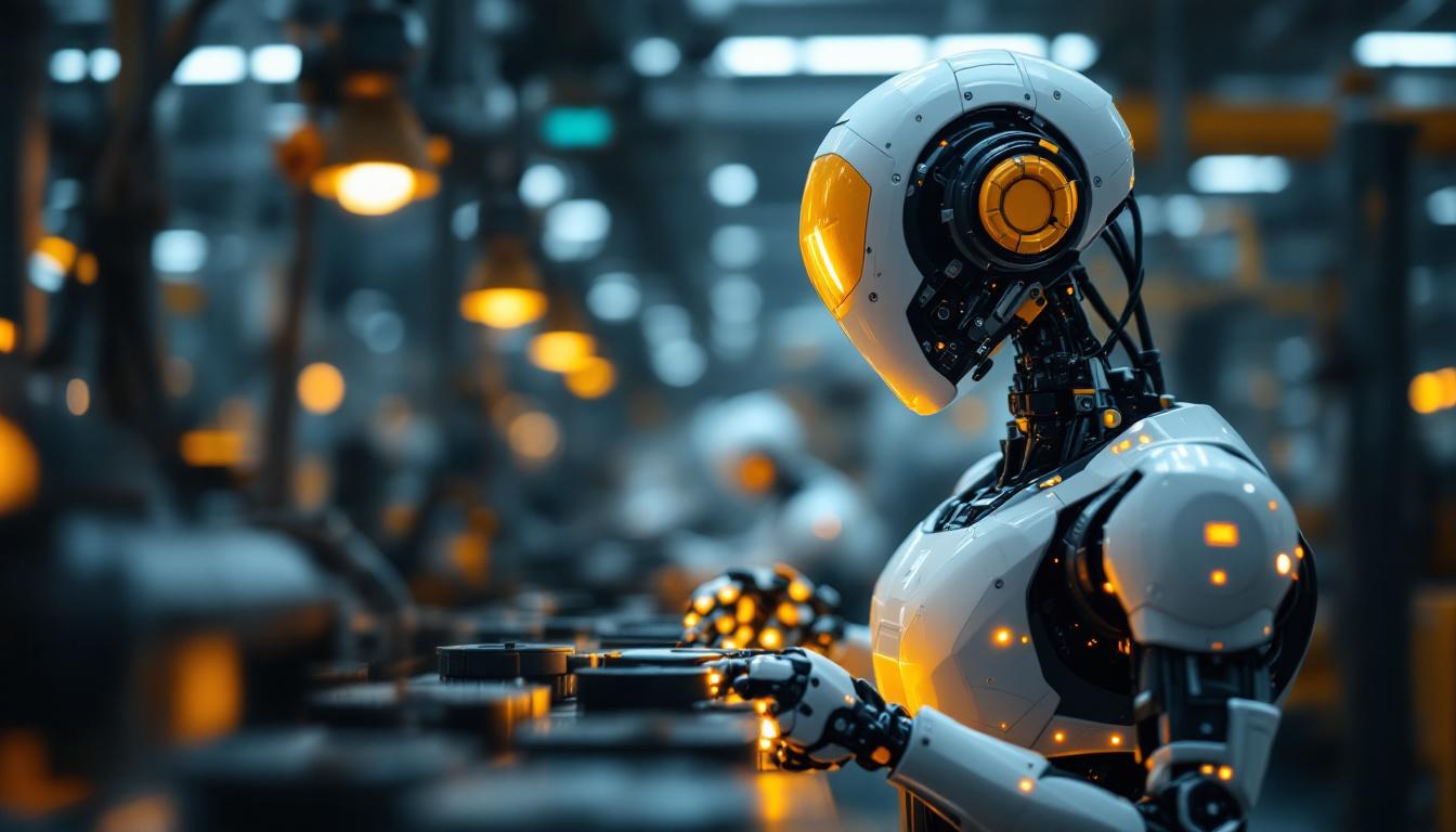 A photograph of capture a photograph of a modern industrial robot in action within a manufacturing facility