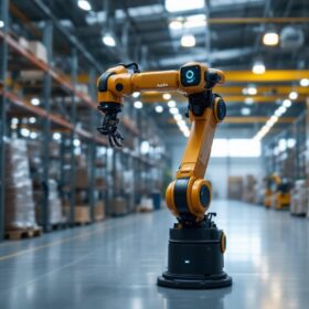 A photograph of capture a photograph of an agilox industrial robot in action within a modern warehouse setting