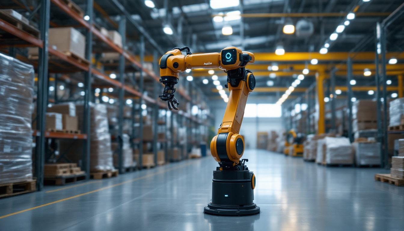 A photograph of capture a photograph of an agilox industrial robot in action within a modern warehouse setting