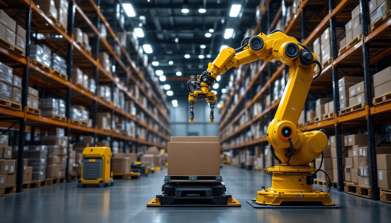A photograph of a modern industrial robotic arm in action within a high-tech storage facility