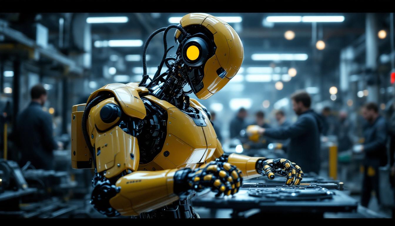 A photograph of a sleek industrial robot in action within a modern manufacturing environment