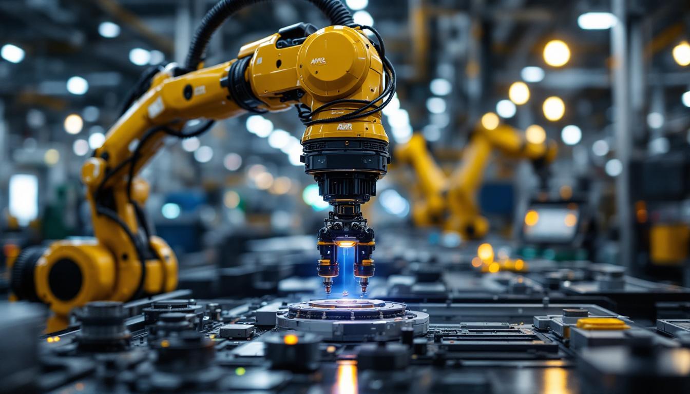 A photograph of a high-tech industrial robotic arm equipped with advanced amr sensors in an automated manufacturing environment