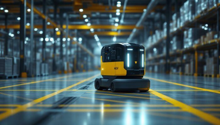 A photograph of an industrial setting featuring an autonomous guided vehicle (agv) navigating through a warehouse or factory floor