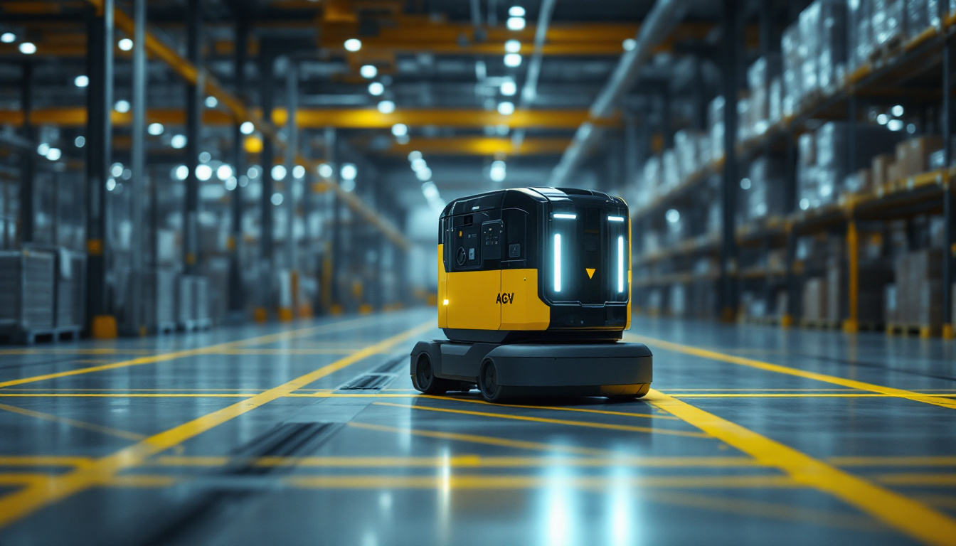 A photograph of an industrial setting featuring an autonomous guided vehicle (agv) navigating through a warehouse or factory floor