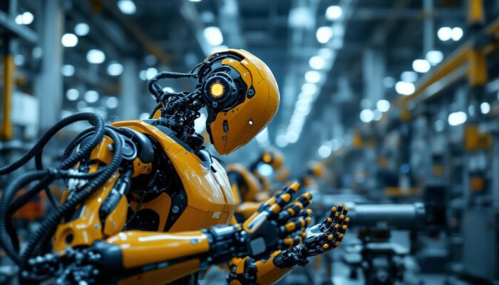 A photograph of capture a photograph of an industrial robot in action within a manufacturing setting