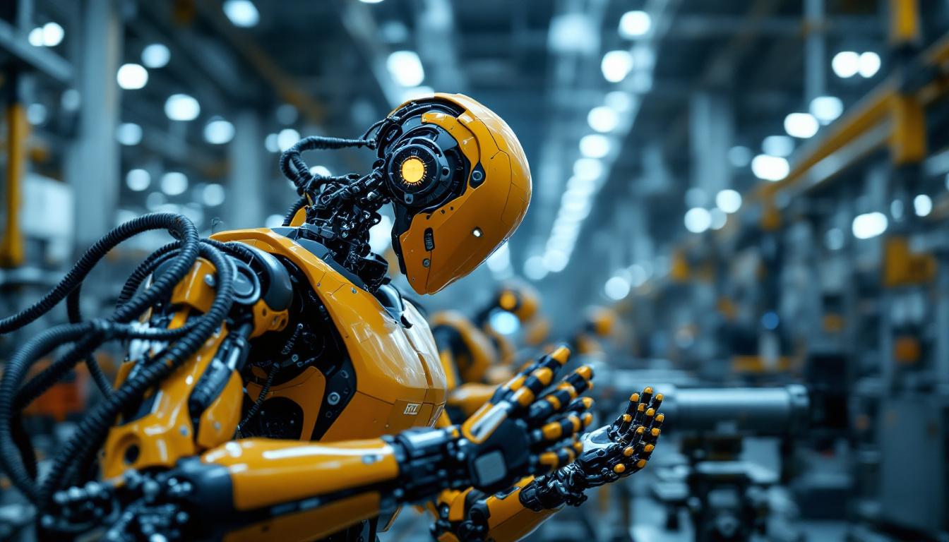 A photograph of capture a photograph of an industrial robot in action within a manufacturing setting