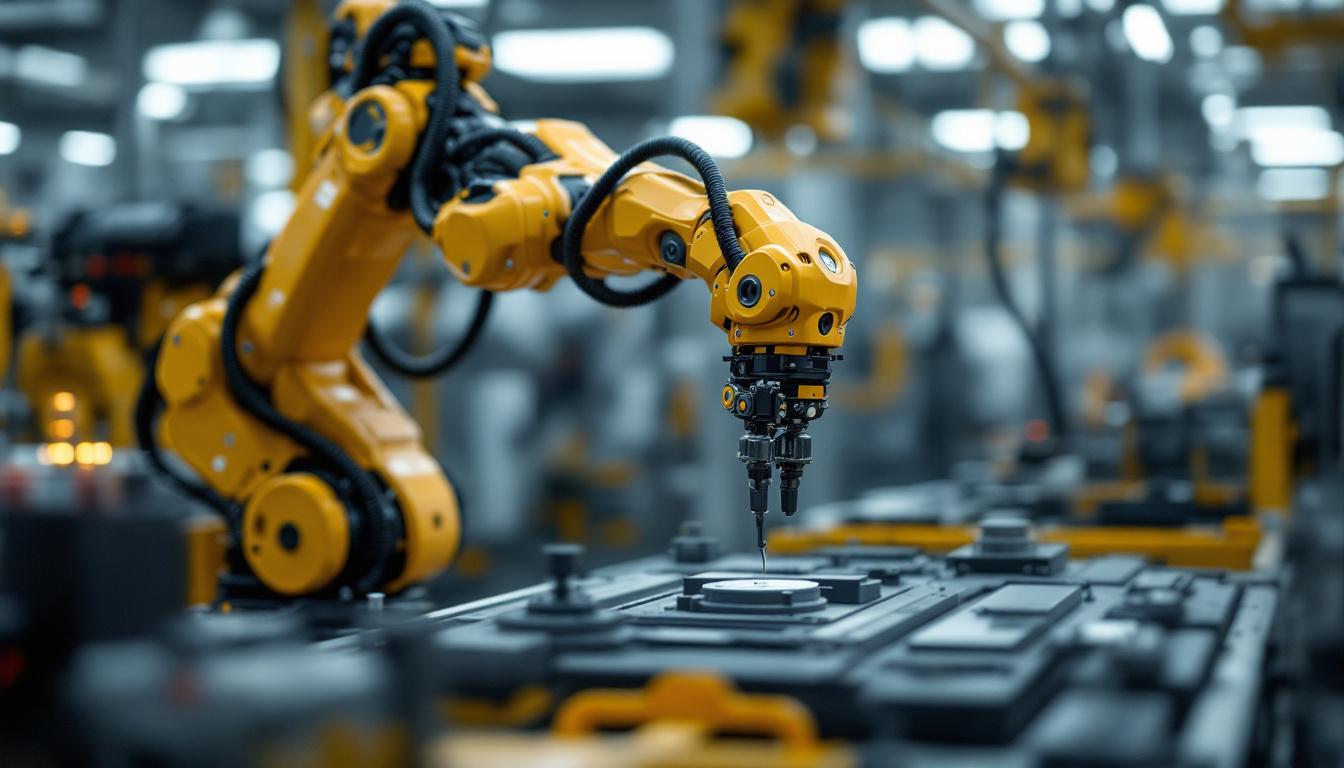 A photograph of a sleek industrial robotic arm in action within a manufacturing environment