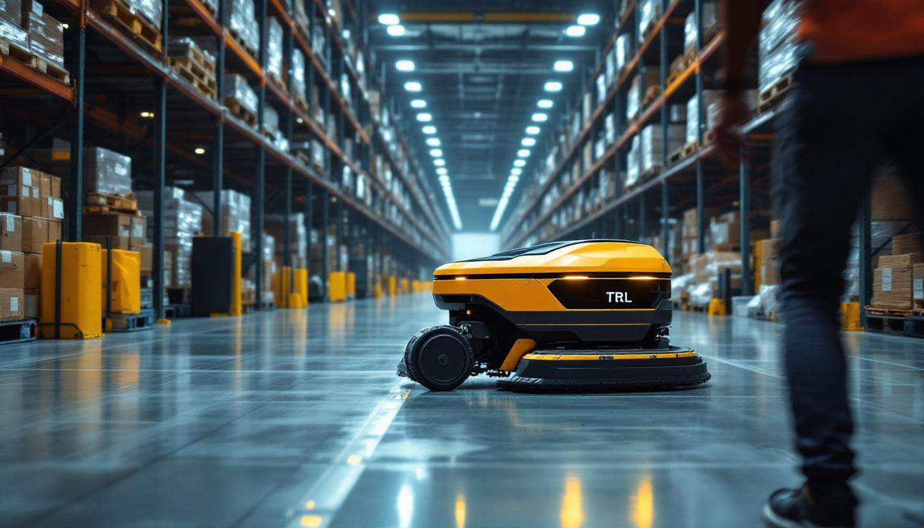 A photograph of a sleek industrial robotic floor cleaner in action