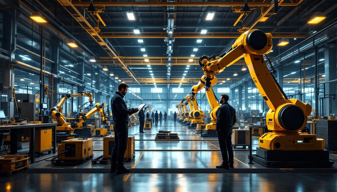 A photograph of a sleek industrial warehouse setting featuring advanced robotic systems in action