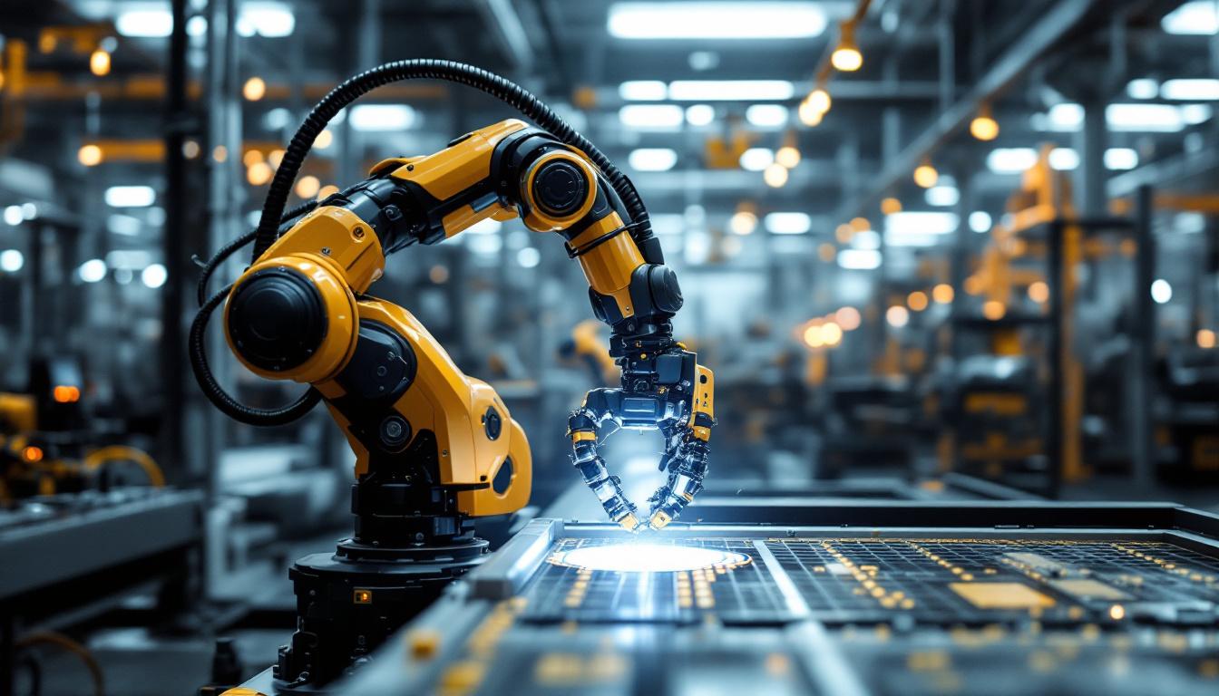 A photograph of a sleek industrial robot in action within a manufacturing environment