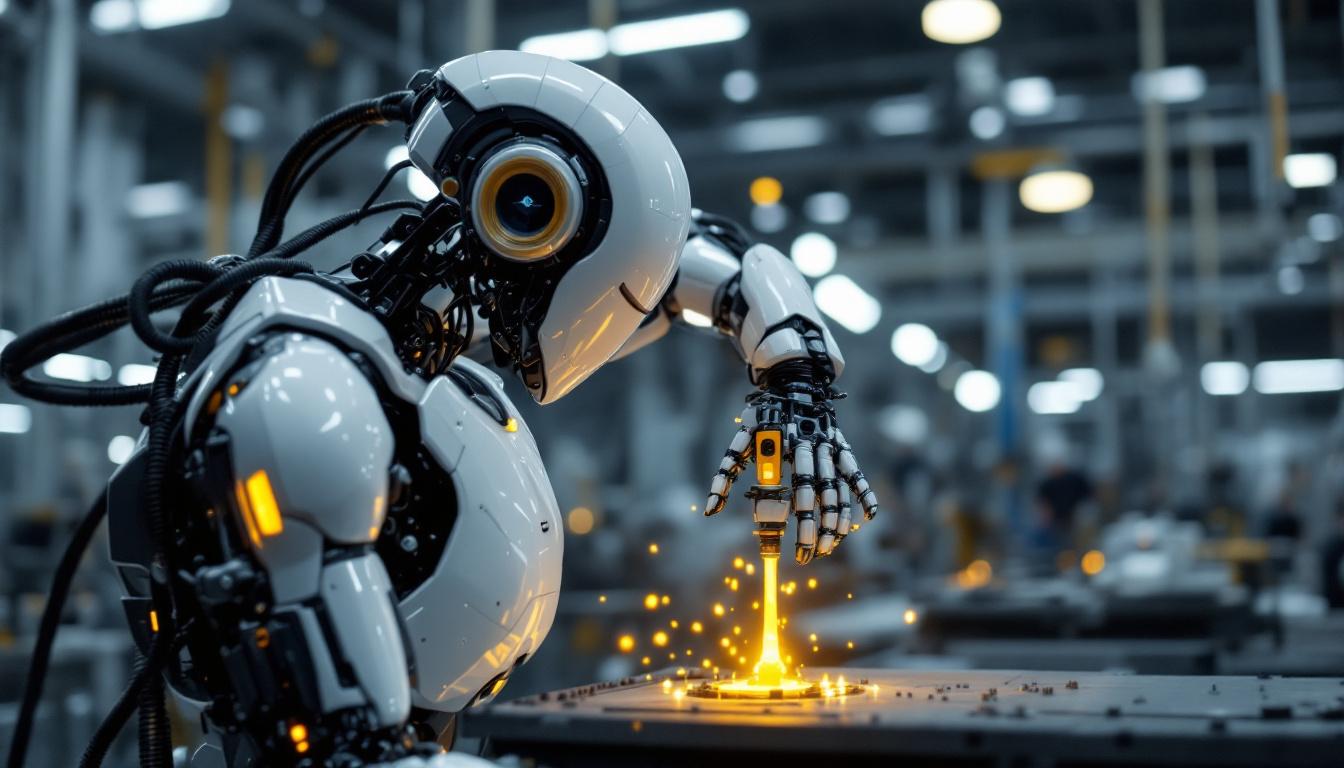 A photograph of a sleek industrial robot in action