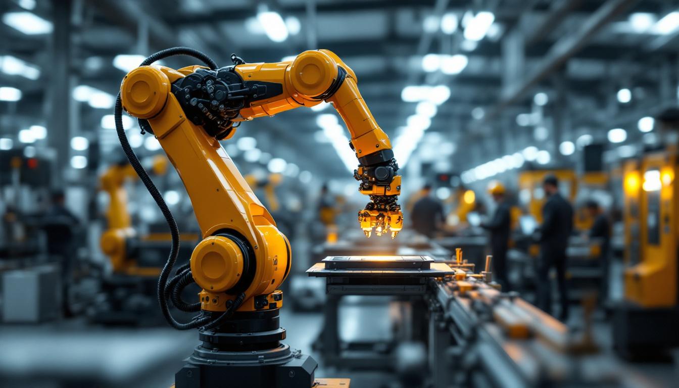 A photograph of a sleek industrial robotic arm in action within a modern manufacturing environment