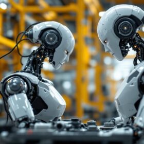 A photograph of a sleek industrial robot in action within a manufacturing setting