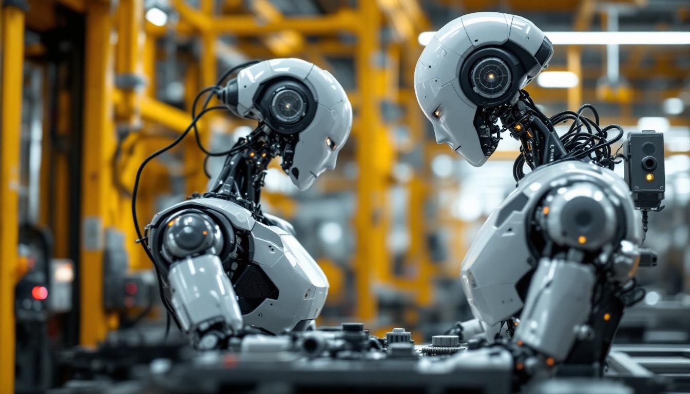 A photograph of a sleek industrial robot in action within a manufacturing setting