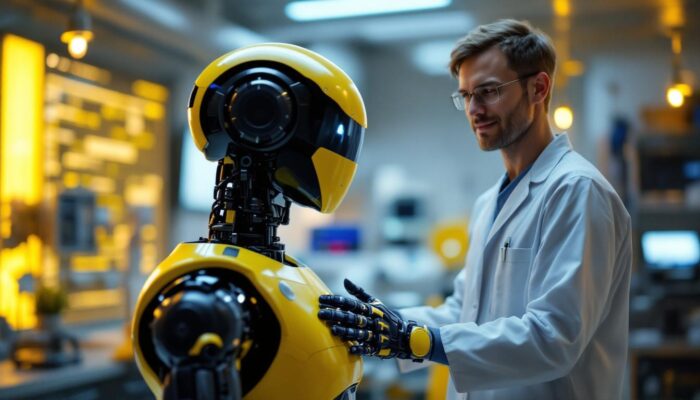 A photograph of a healthcare professional interacting with a state-of-the-art robotic system in a clinical setting