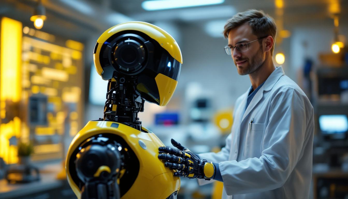 A photograph of a healthcare professional interacting with a state-of-the-art robotic system in a clinical setting