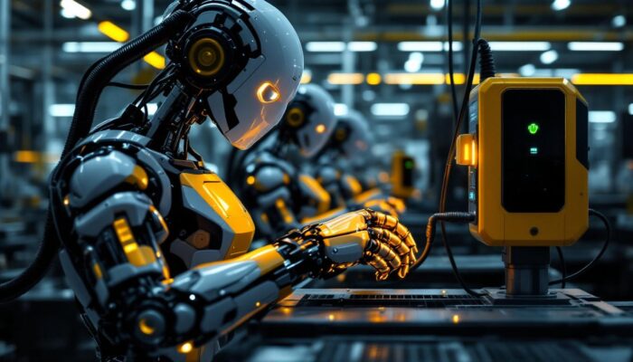 A photograph of a sleek industrial robot in action
