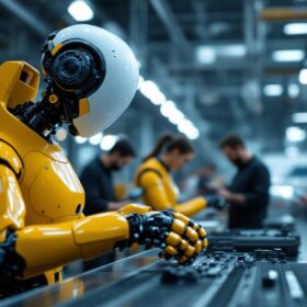 A photograph of a sleek industrial robot in action