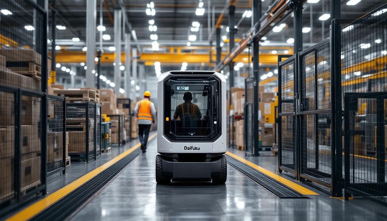 A photograph of capture a photograph of a daifuku agv in action within an industrial setting