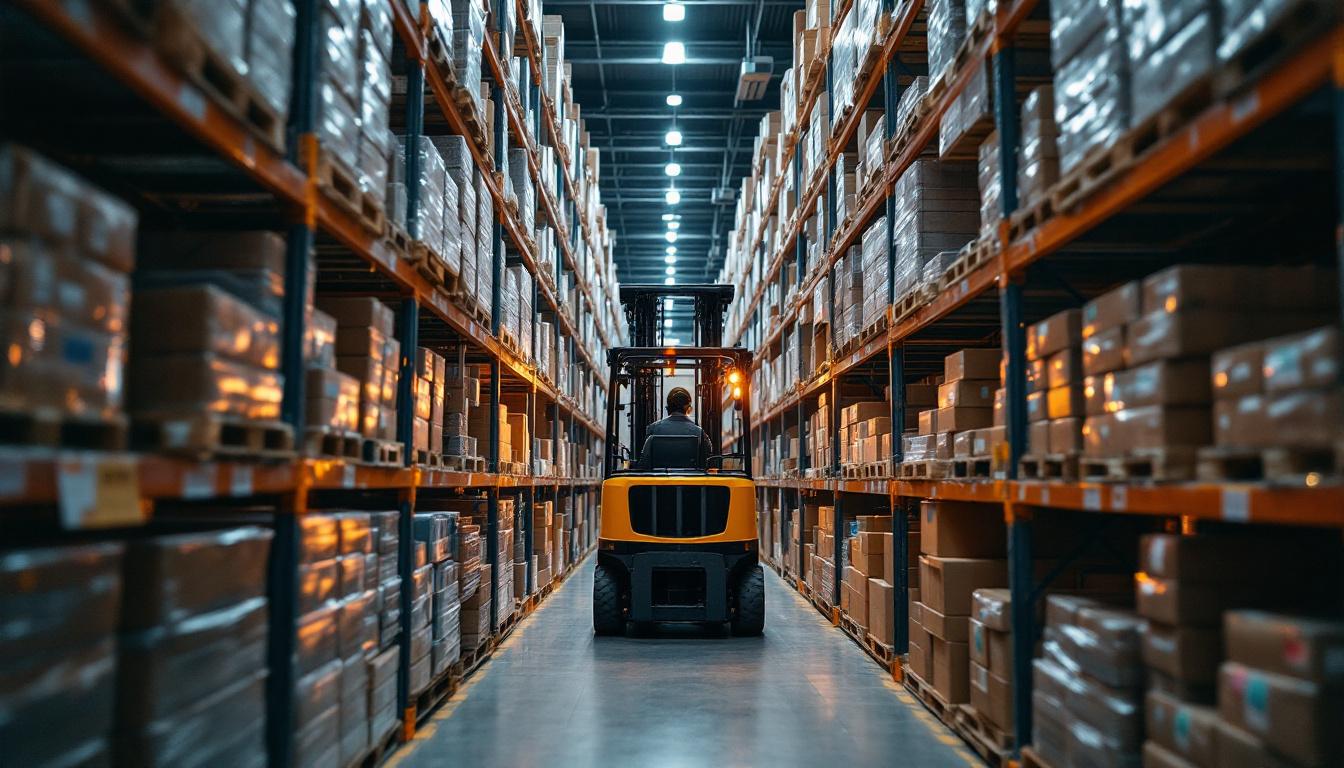 A photograph of a very narrow aisle forklift in action within a warehouse setting