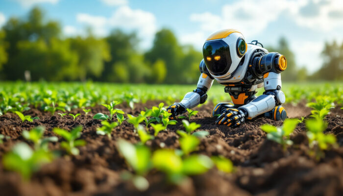 A photograph of a futuristic seed planting robot in action within a vibrant agricultural field