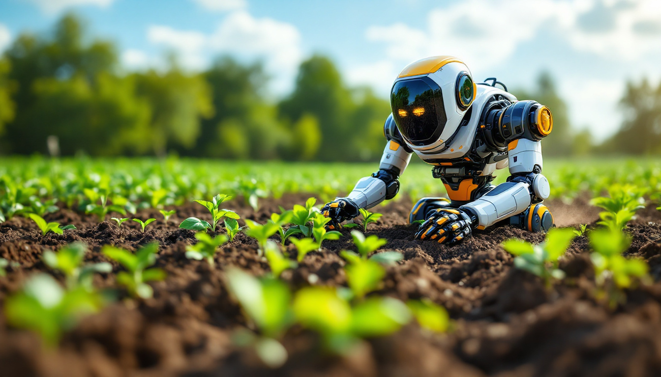 A photograph of a futuristic seed planting robot in action within a vibrant agricultural field