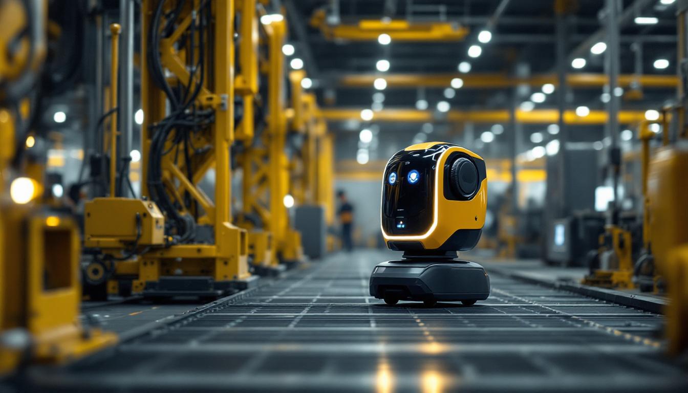 A photograph of a sleek autoguide mobile robot in action within an industrial setting