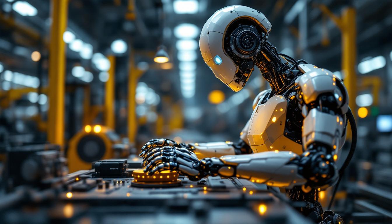 A photograph of a sleek industrial robot in action within a manufacturing environment