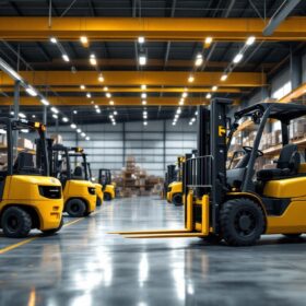A photograph of a modern warehouse setting showcasing a variety of forklifts in action