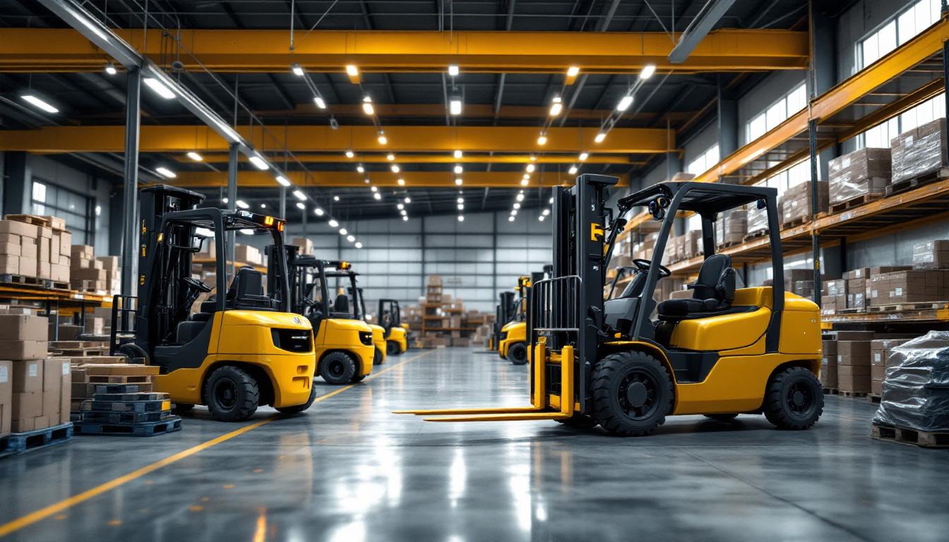 A photograph of a modern warehouse setting showcasing a variety of forklifts in action