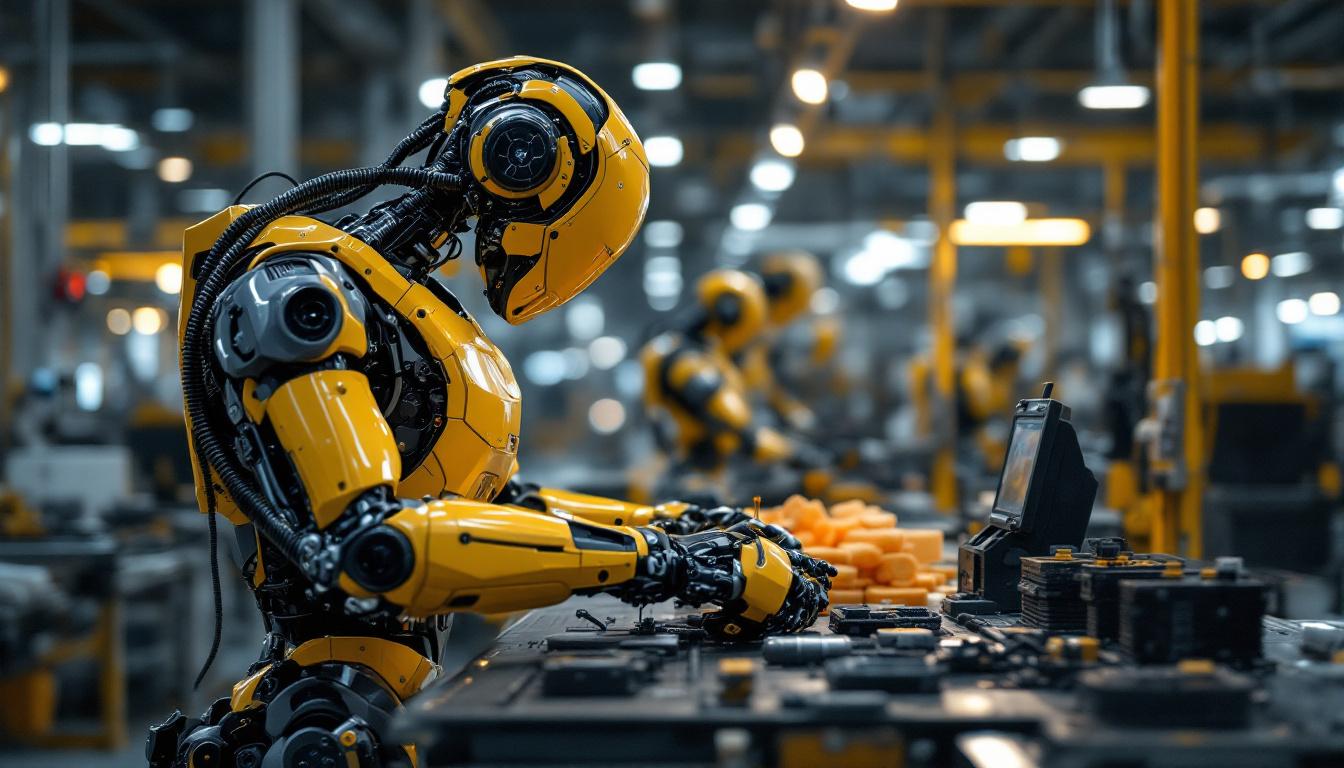 A photograph of a modern industrial robot in action on a factory floor