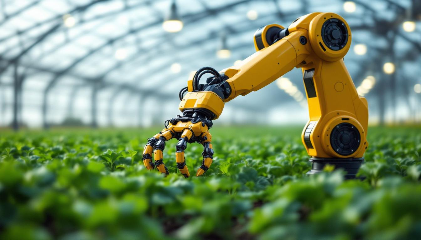 A photograph of a sleek industrial robotic arm in action within a modern farming environment