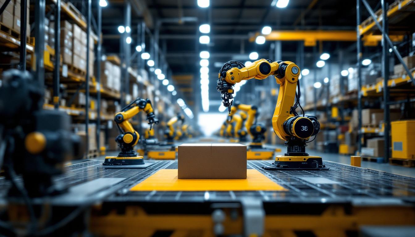 A photograph of a modern warehouse environment showcasing industrial robots in action