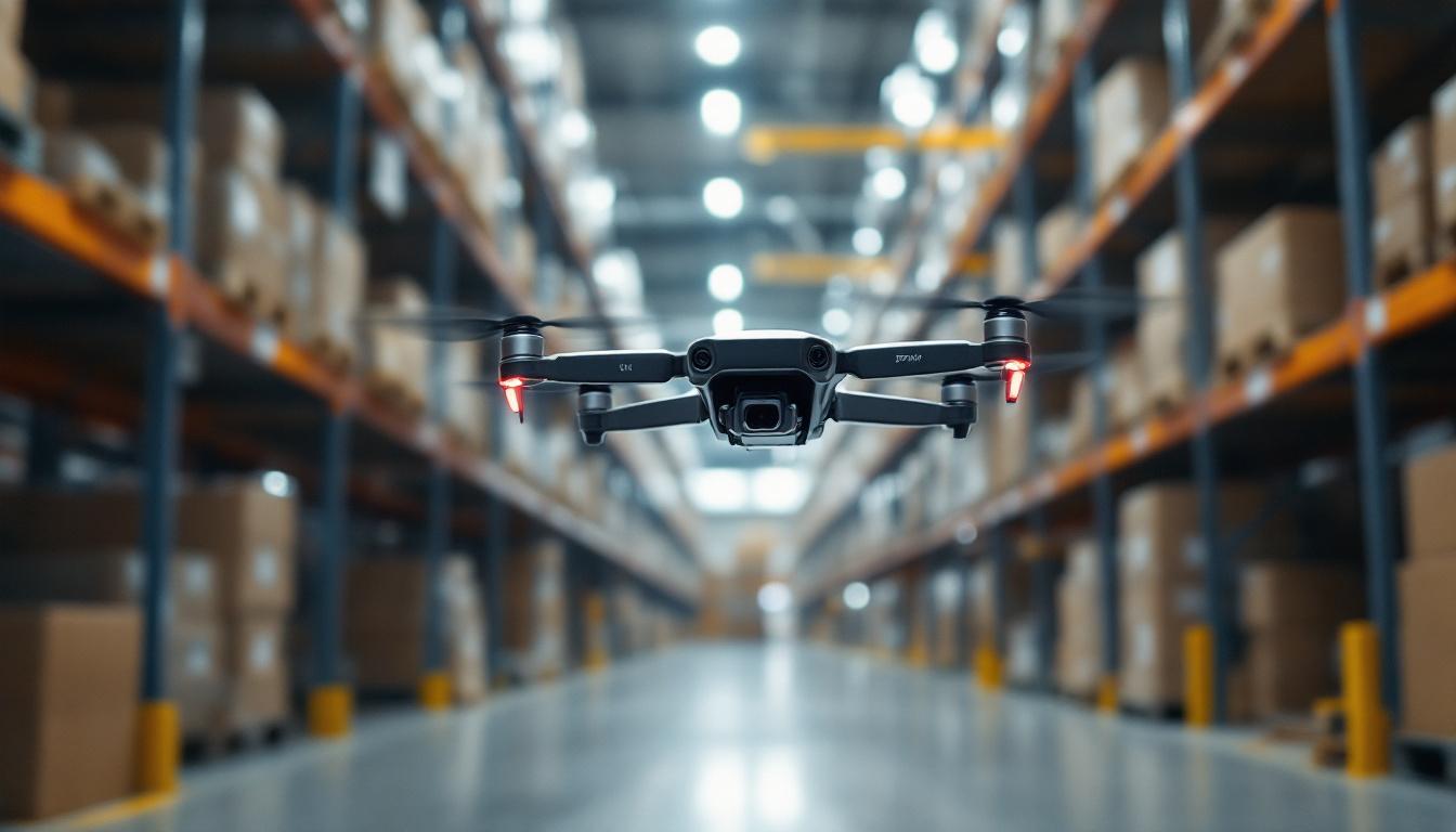 A photograph of a drone in action within a warehouse setting