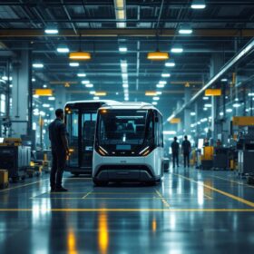 A photograph of a modern industrial setting featuring an automated guided vehicle (agv) in action