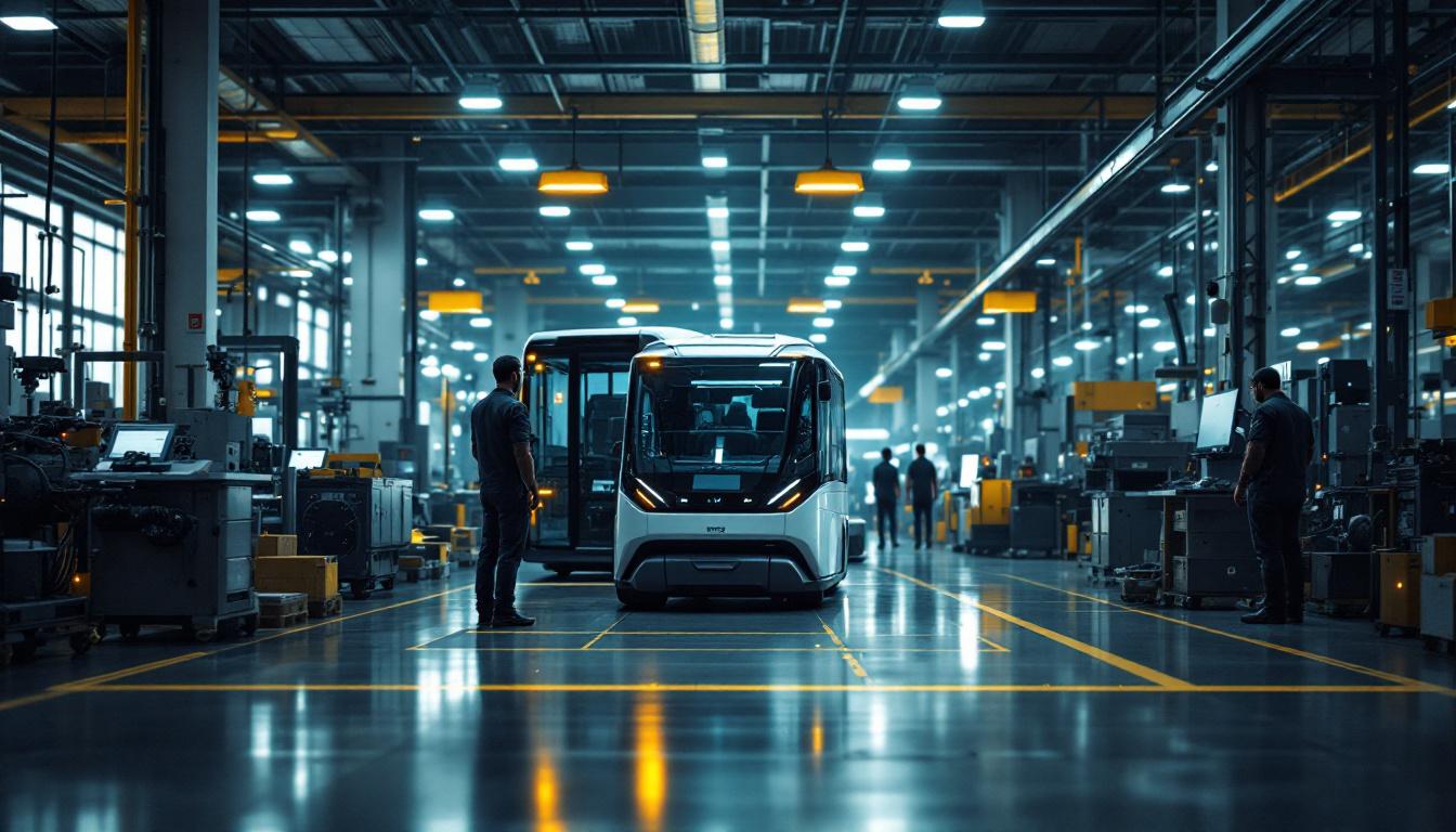 A photograph of a modern industrial setting featuring an automated guided vehicle (agv) in action