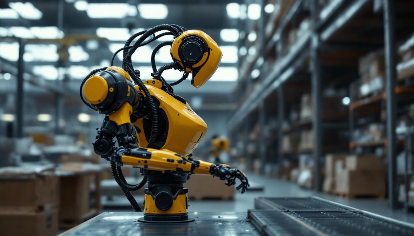 A photograph of a balyo inc industrial robot in action within a warehouse setting