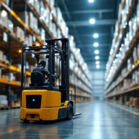 A photograph of a modern industrial setting featuring a robotic forklift in action