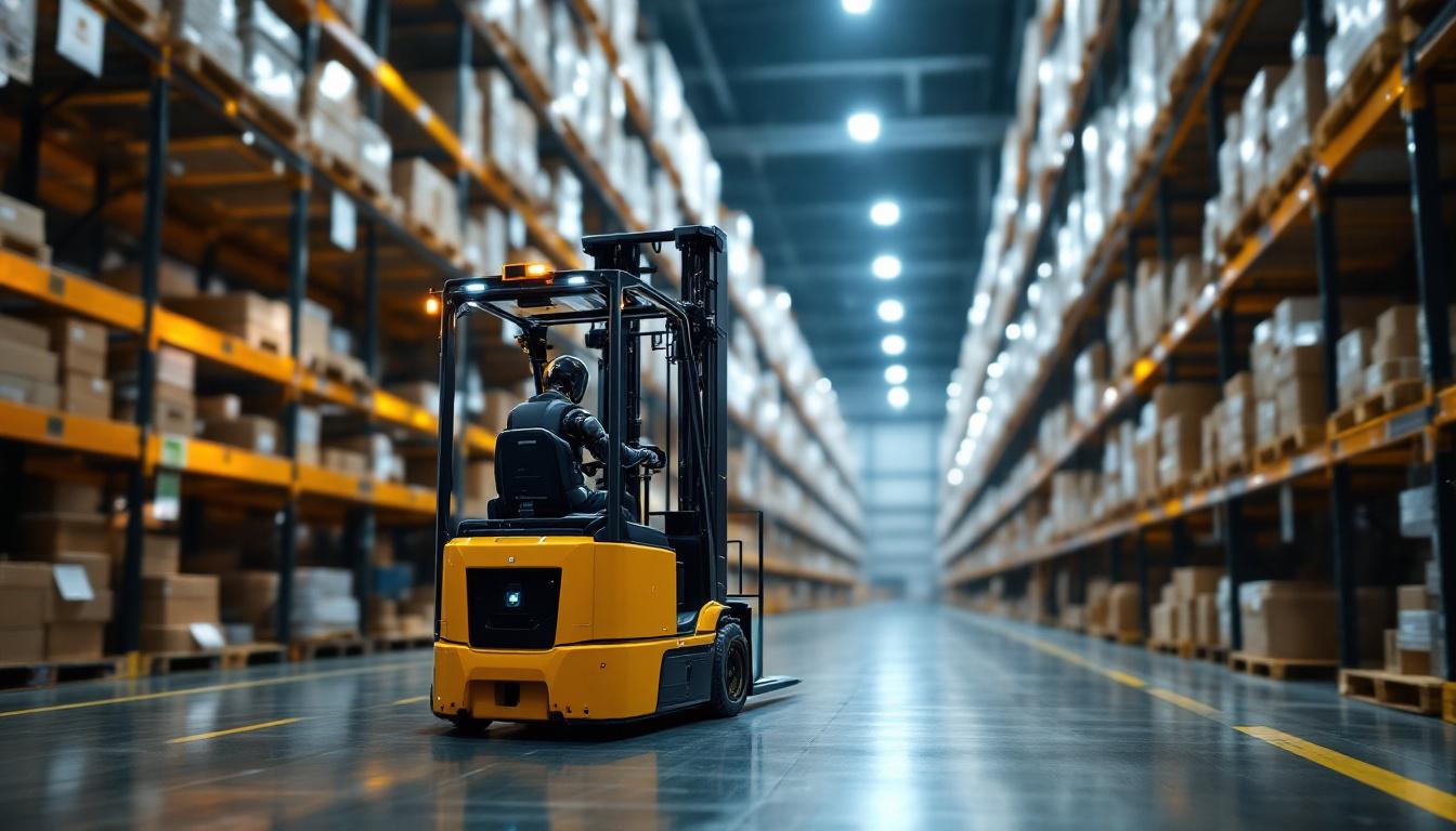 A photograph of a modern industrial setting featuring a robotic forklift in action