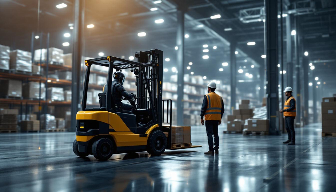A photograph of a modern warehouse setting featuring a robotic forklift in action
