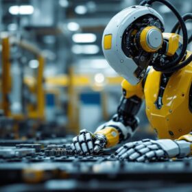 A photograph of a sleek industrial robot in action