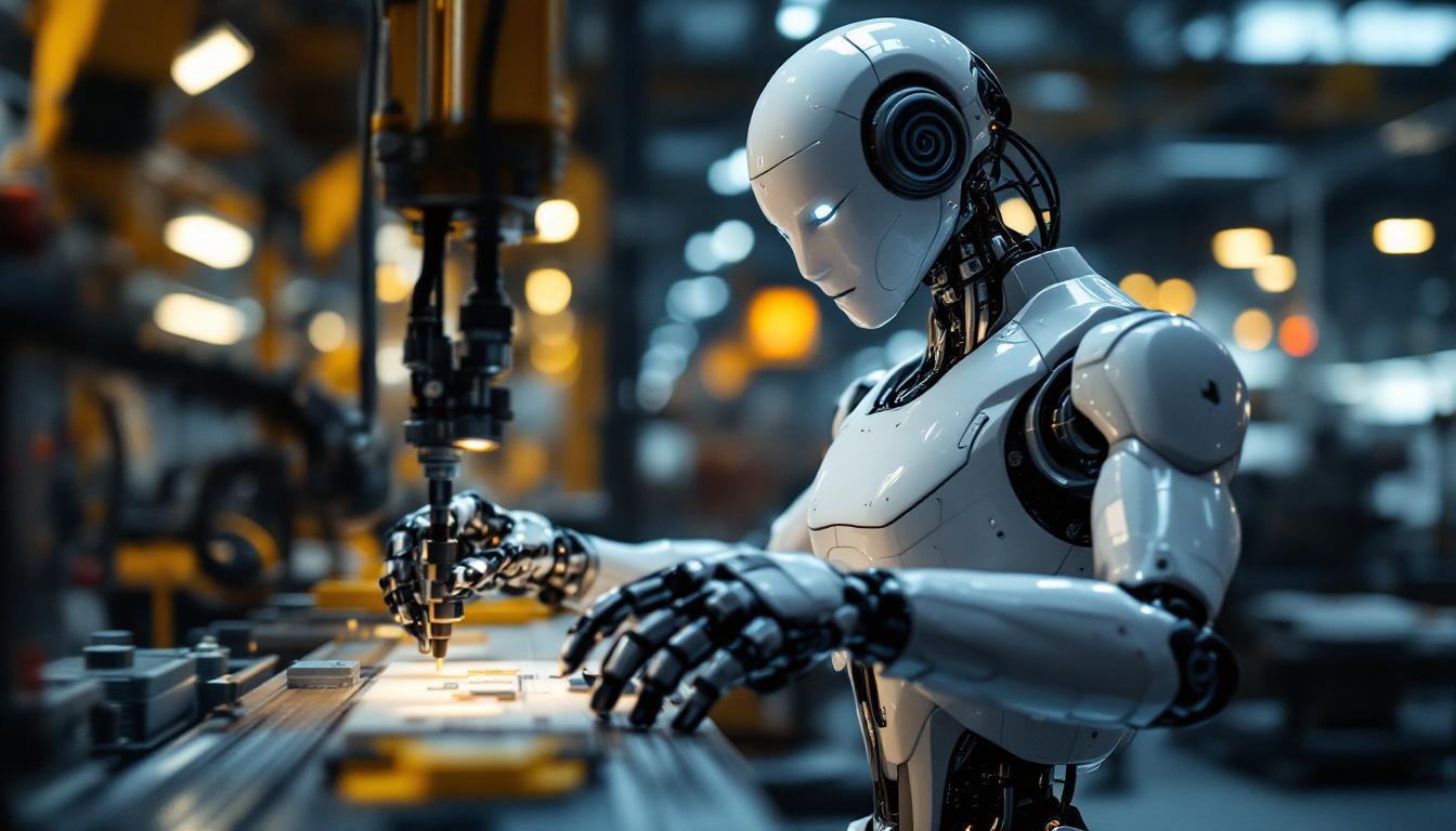 A photograph of a sleek industrial robot in action within a manufacturing environment