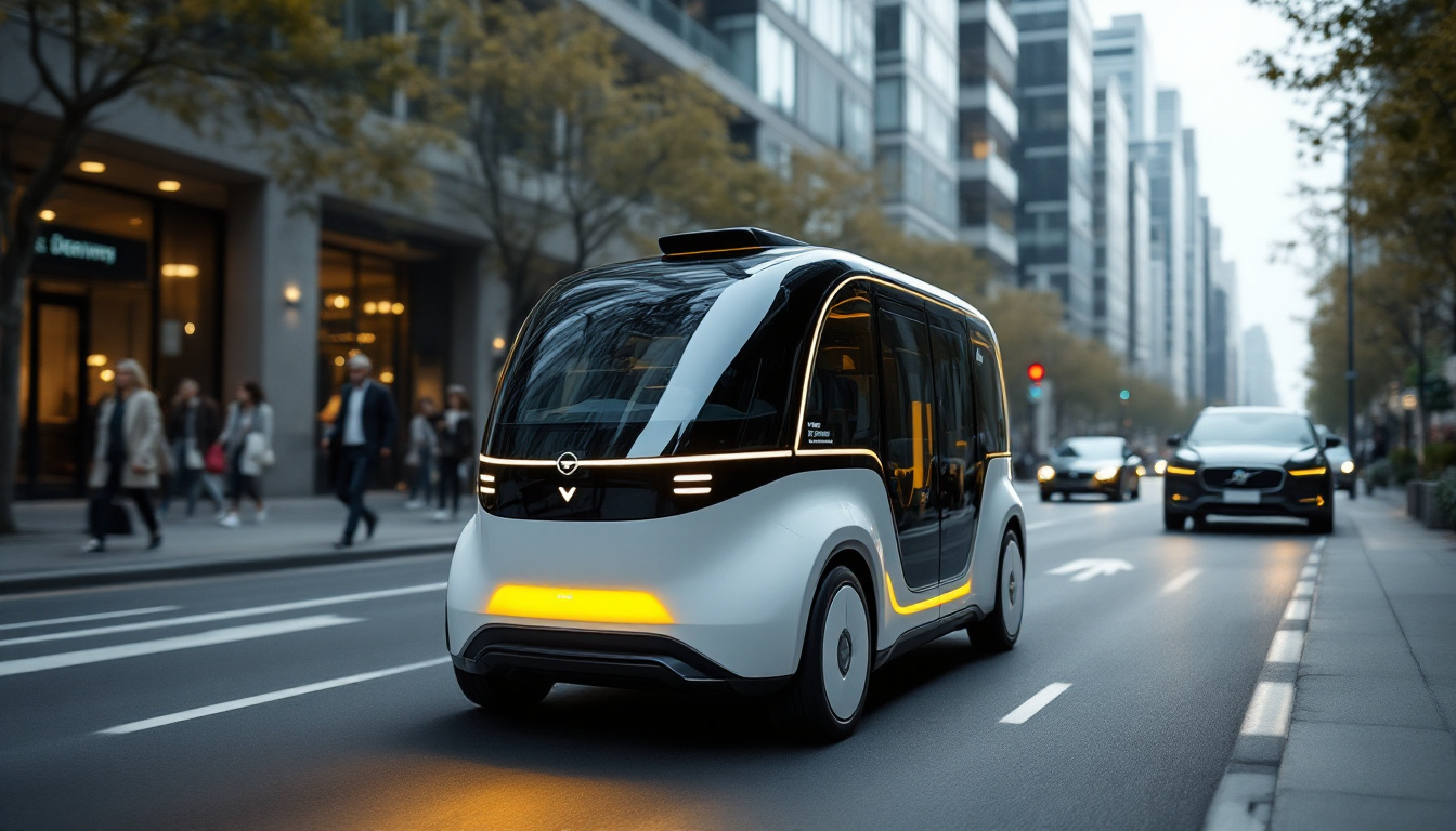 A photograph of capture a photograph of an autonomous delivery vehicle navigating through an urban environment