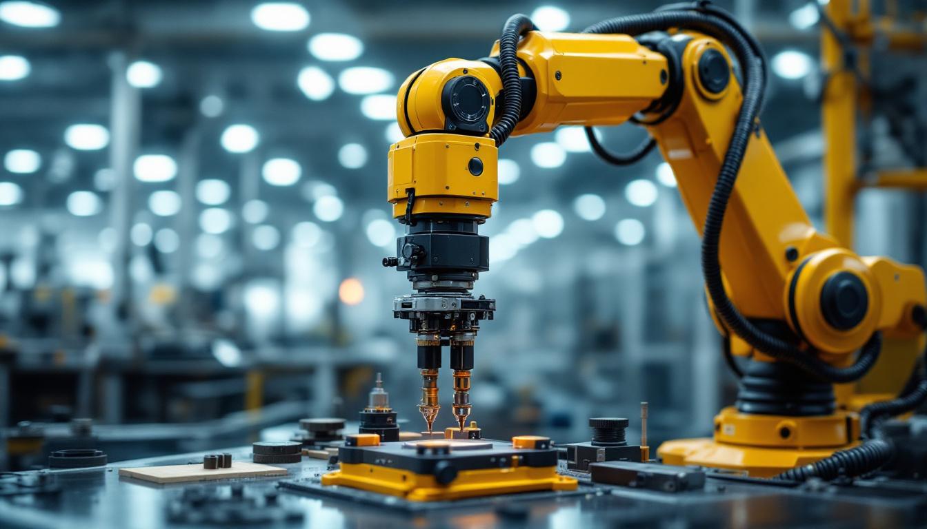 A photograph of capture a photograph of an industrial robotic arm in action within a manufacturing setting