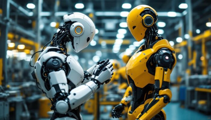 A photograph of a sleek industrial robot in action within a modern manufacturing facility