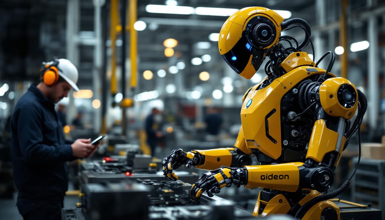 A photograph of a gideon robot in action on an industrial production floor