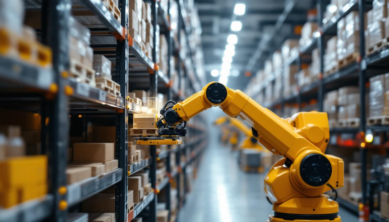 A photograph of a modern automated storage and retrieval system (asrs) in action