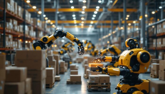 A photograph of a busy warehouse environment showcasing various industrial robots in action